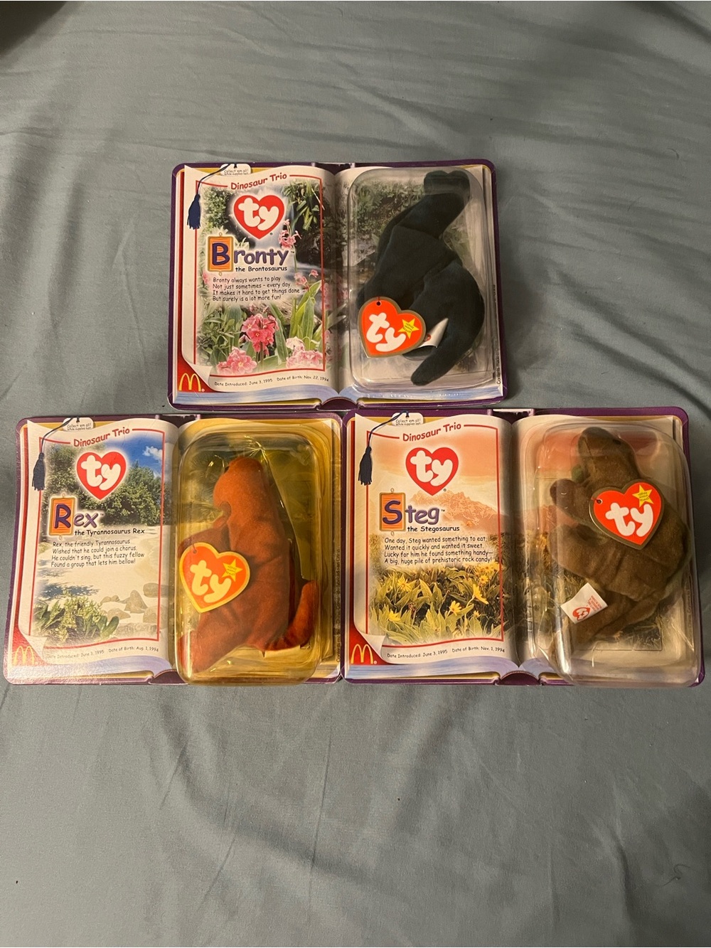 Ty Beanie Babies McDonald’s 2000 Dinosaur Trio, Teenie Beanies-Bronty, Rex, Steg
